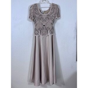 Stenay Gown Women Petite Small PS Champagne Beaded Short Sleeve Maxi Dress